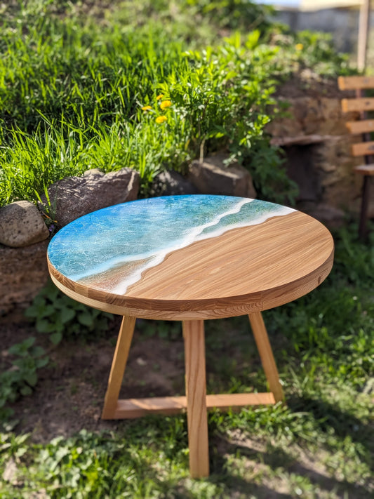 Handmade Round Epoxy Resin Table: Ocean Waves Wood Accent Table