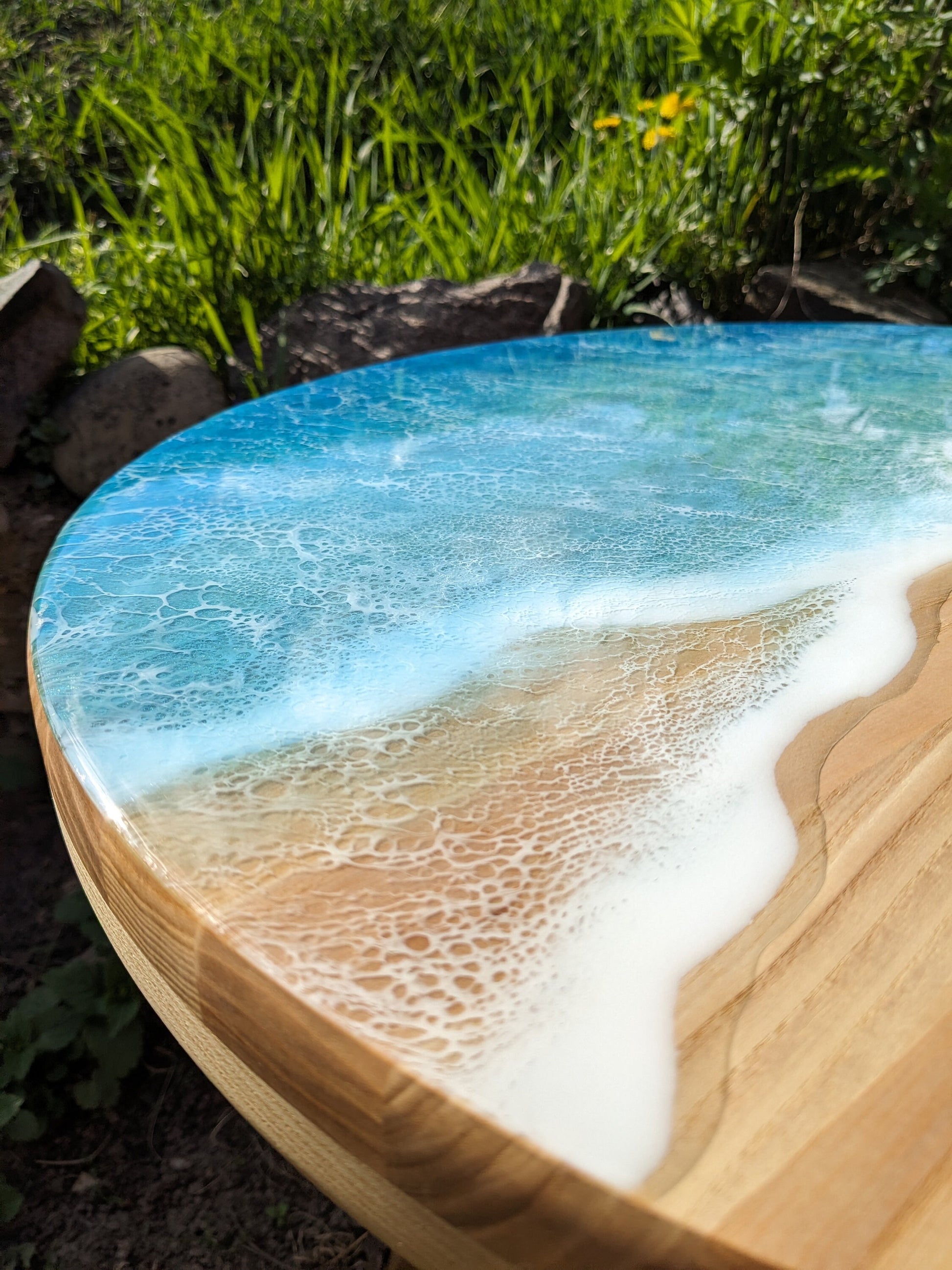 Handmade Round Epoxy Resin Table: Ocean Waves Wood Accent Table
