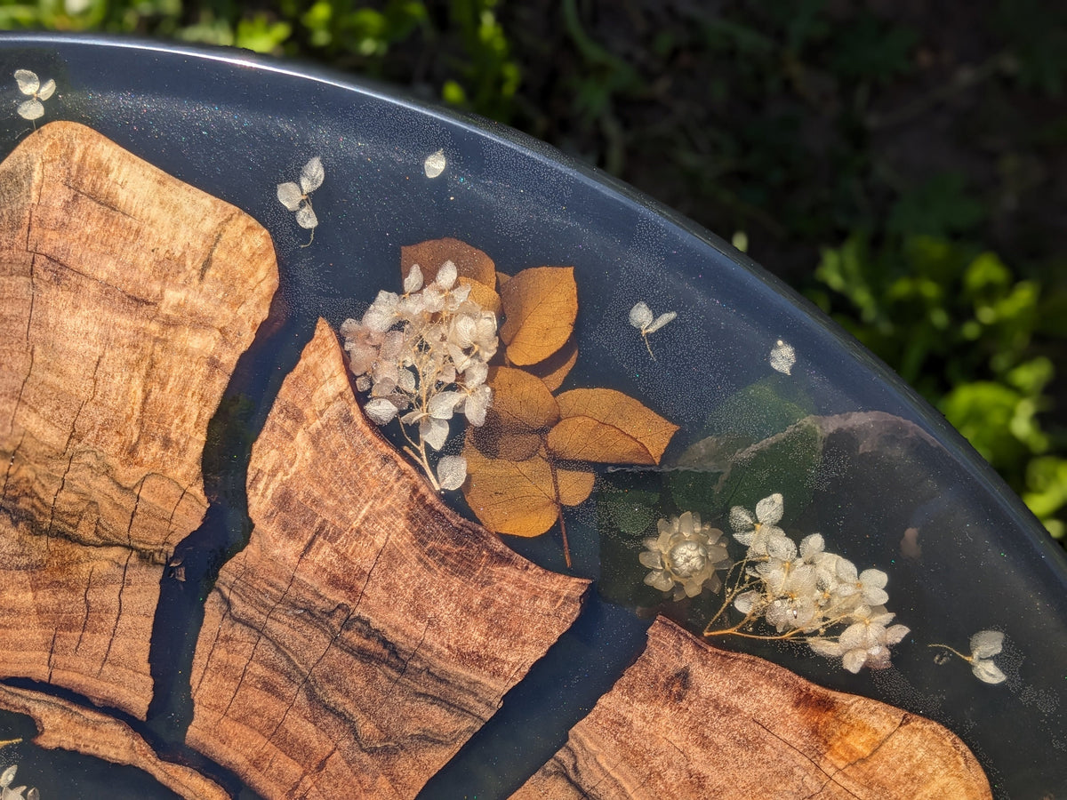 Floral Epoxy Resin Coffee Table: Round Wood & Black Resin