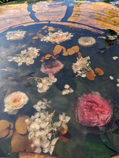 Floral Epoxy Resin Coffee Table: Round Wood & Black Resin