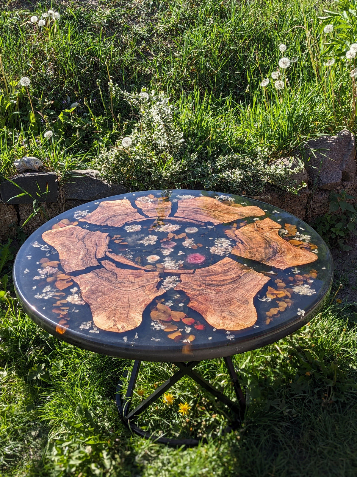 Floral Epoxy Resin Coffee Table: Round Wood & Black Resin