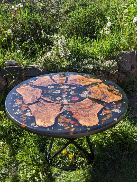 Floral Epoxy Resin Coffee Table: Round Wood & Black Resin