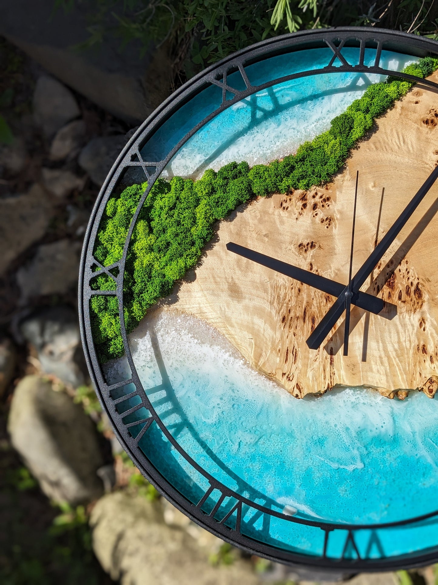 Custom Moss and Wood Wall Clock with Epoxy Resin Art