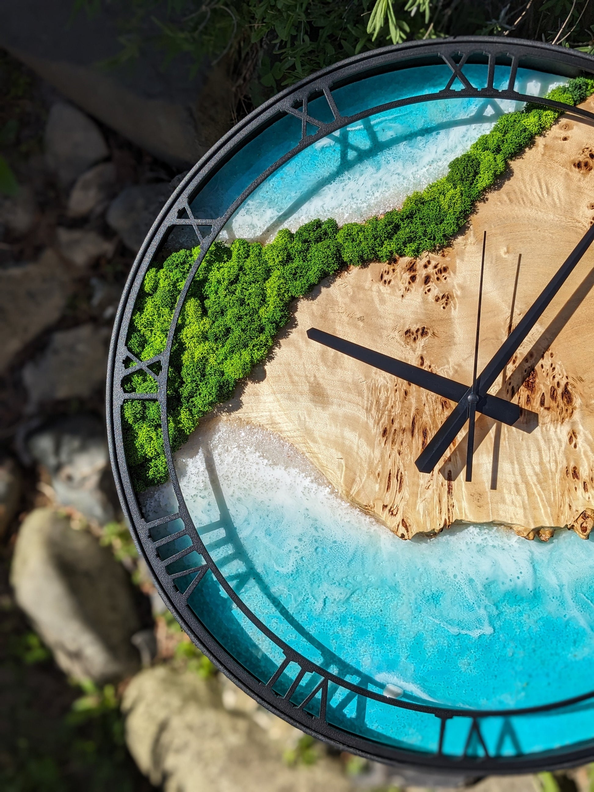 Custom Moss and Wood Wall Clock with Epoxy Resin Art