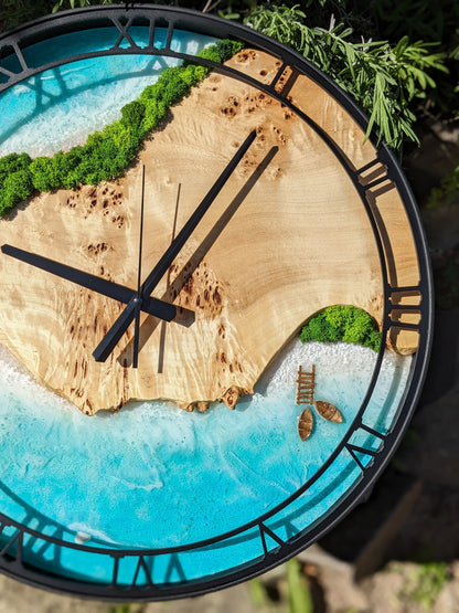Custom Moss and Wood Wall Clock with Epoxy Resin Art