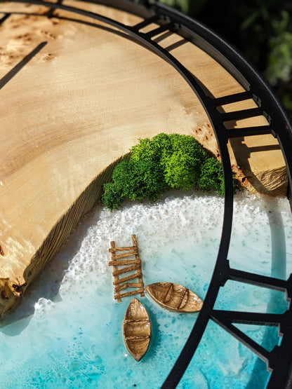 Custom Moss and Wood Wall Clock with Epoxy Resin Art