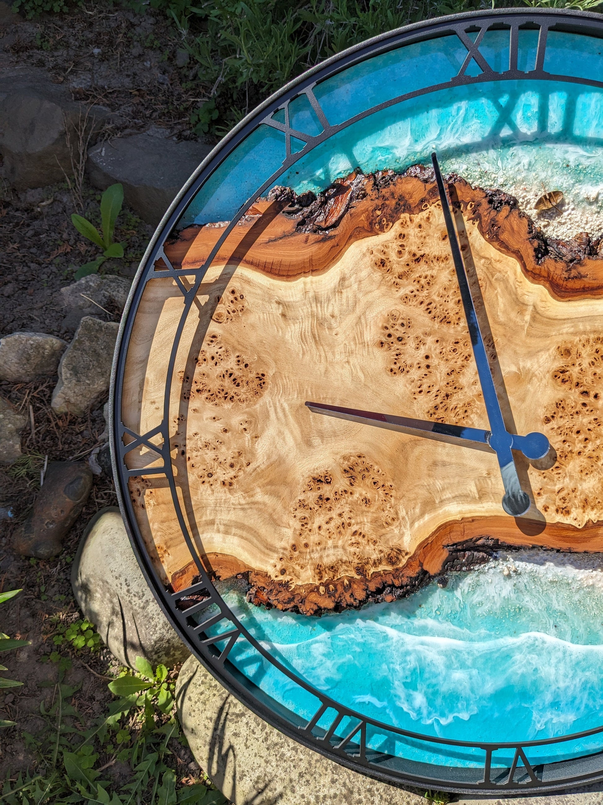 Oversized Resin Wall Clock: Live Edge Wood, Ocean Theme (27.5")