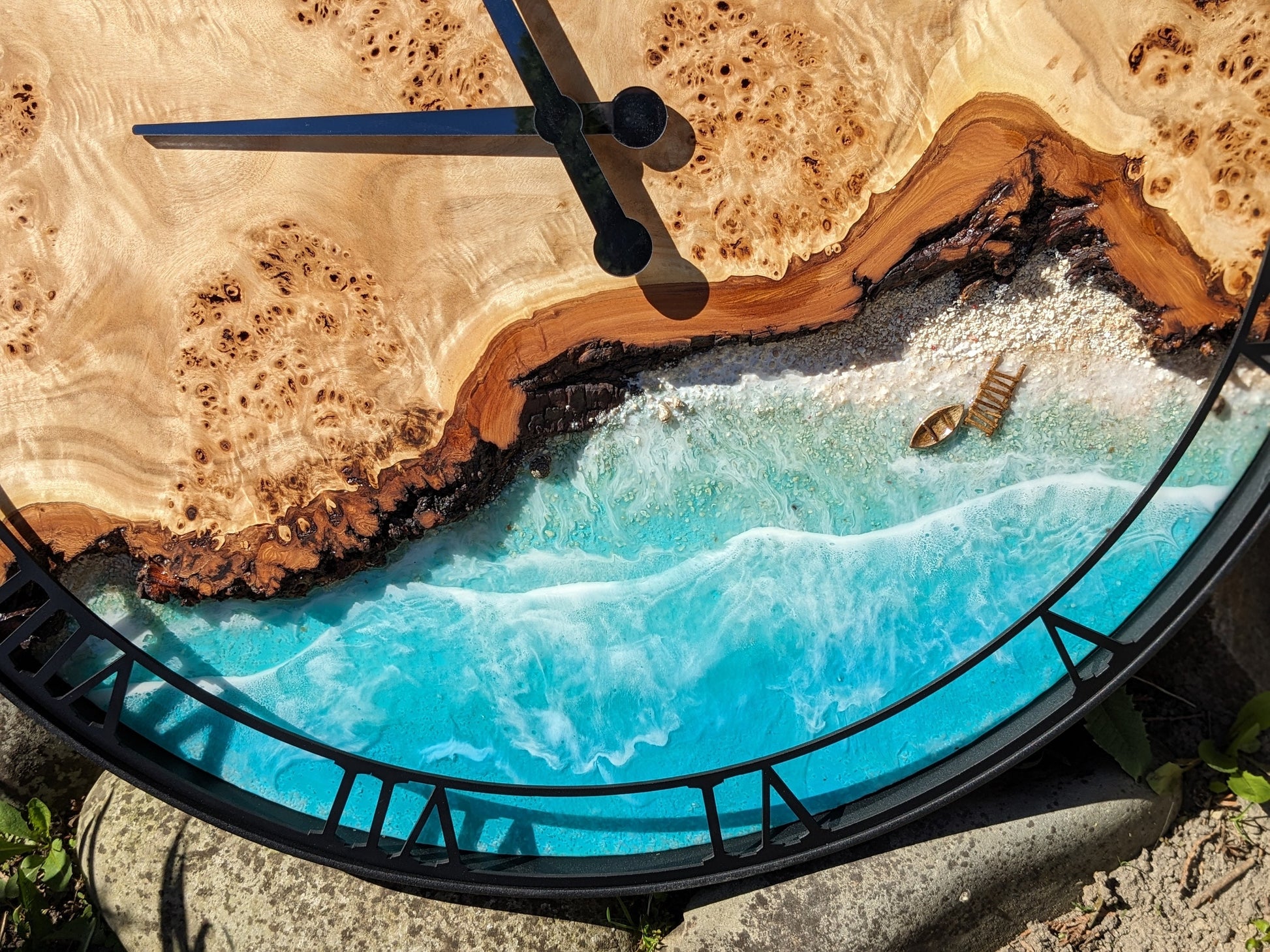 Oversized Resin Wall Clock: Live Edge Wood, Ocean Theme (27.5")