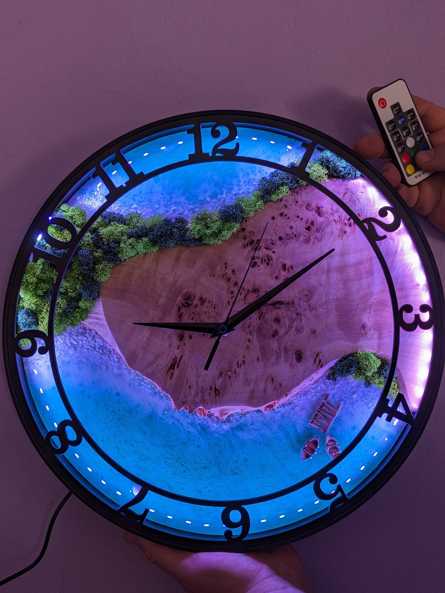 Neon LED Wall Clock: Moss Wood & Epoxy Resin, Silent Clock (14")