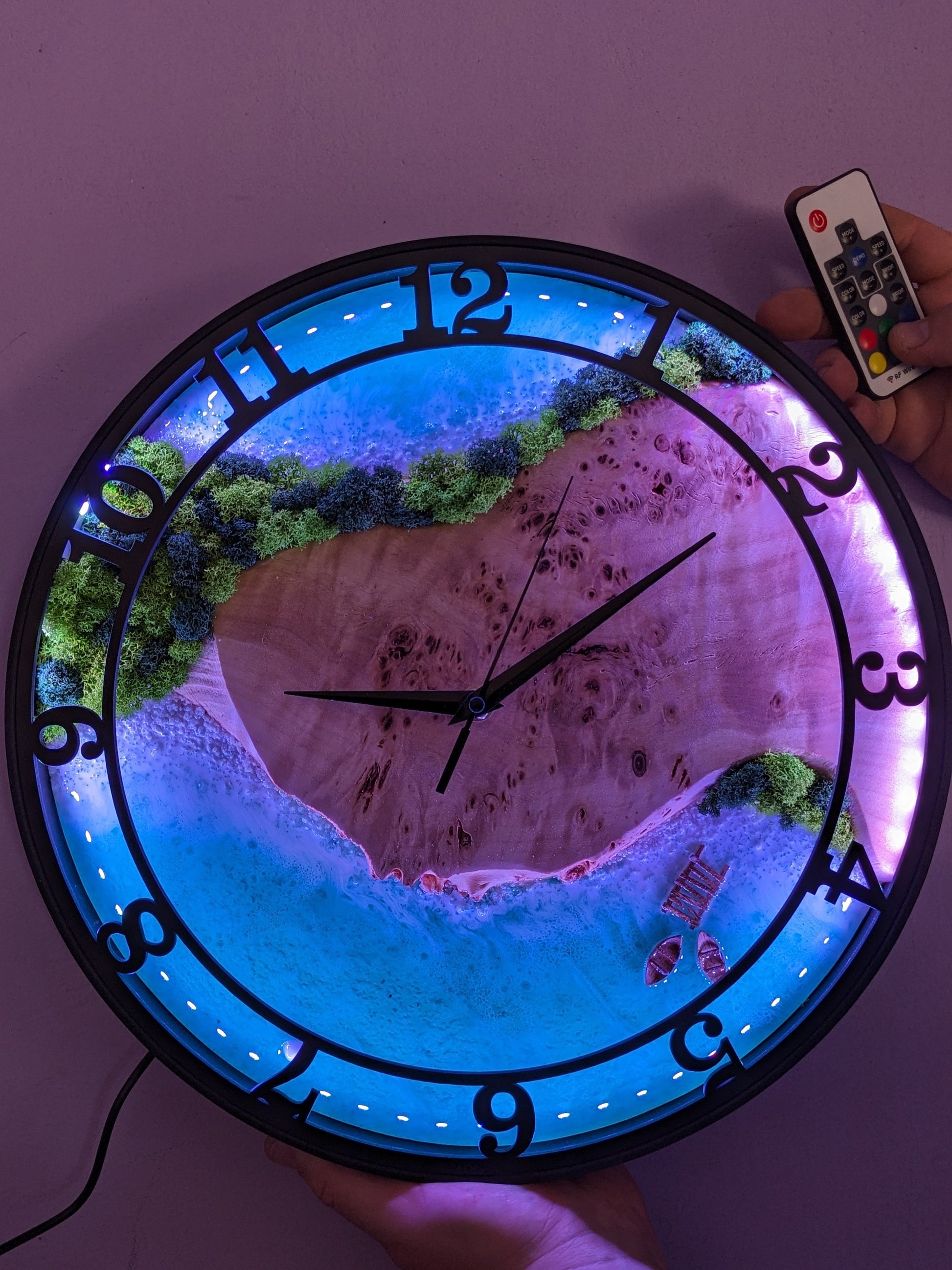 Neon LED Wall Clock: Moss Wood & Epoxy Resin, Silent Clock (14")