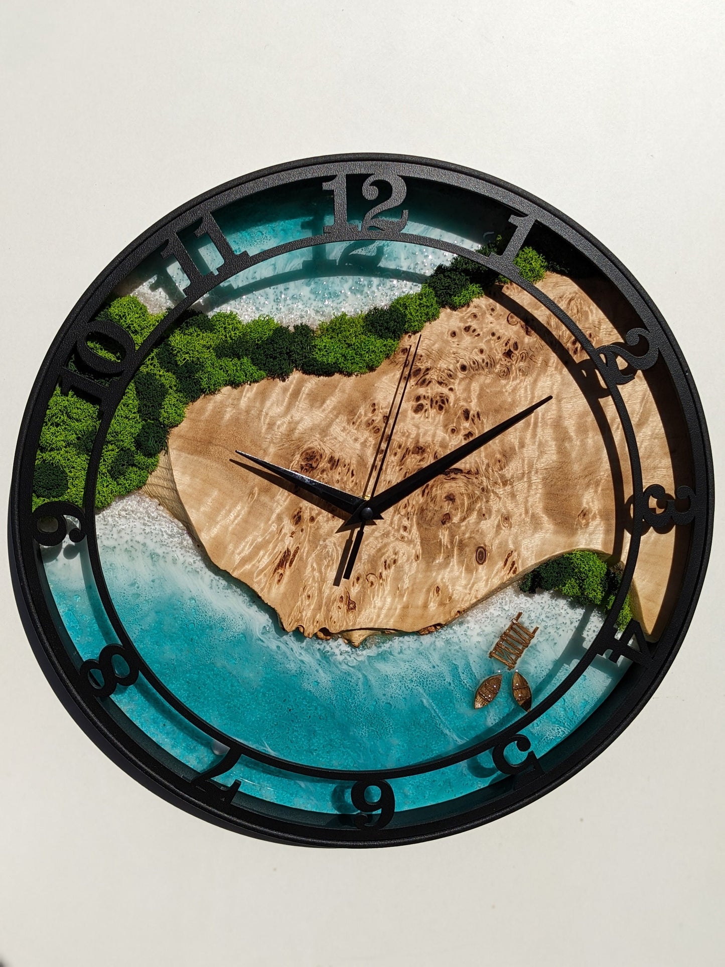 Neon LED Wall Clock: Moss Wood & Epoxy Resin, Silent Clock (14")