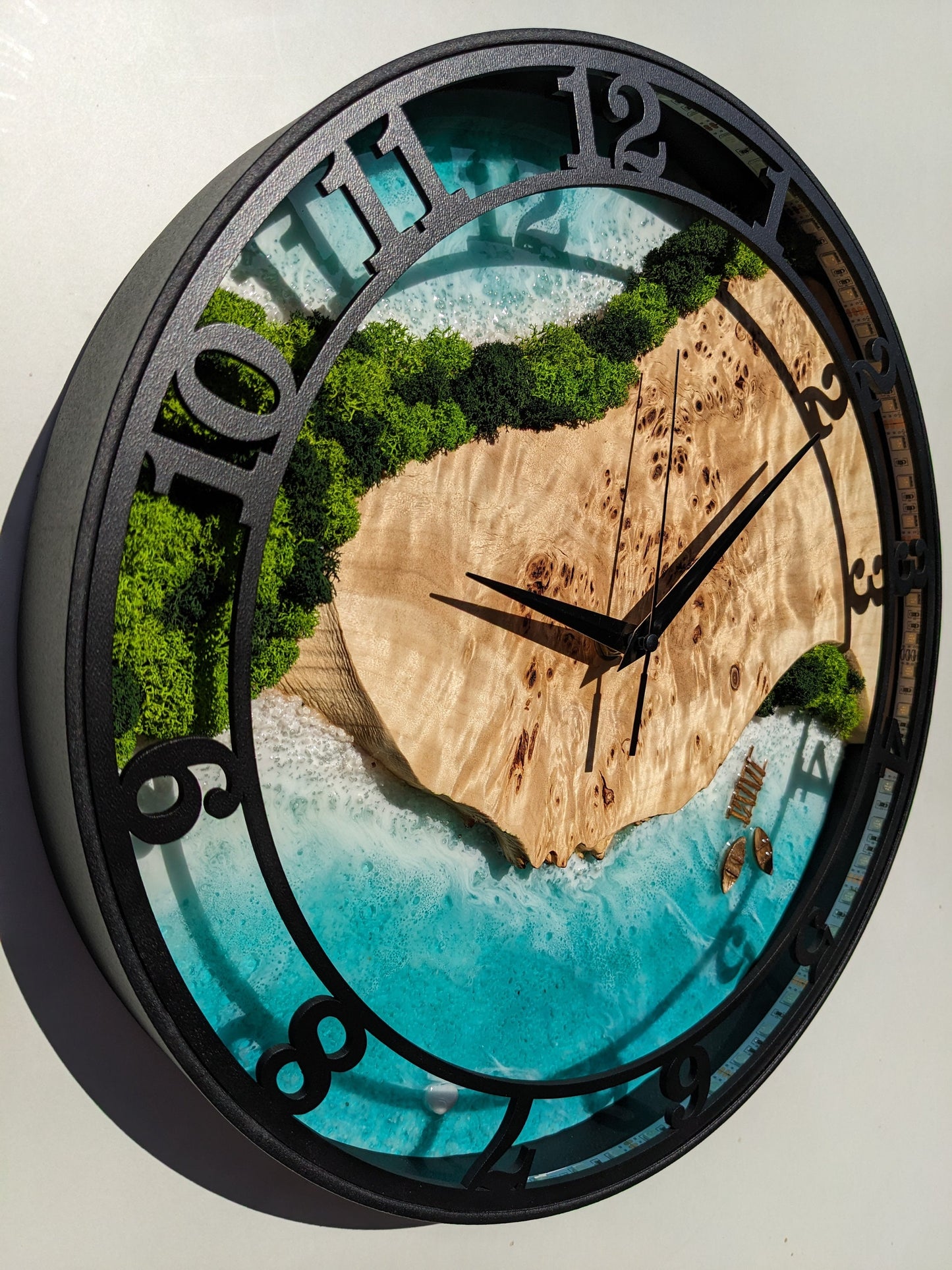 Neon LED Wall Clock: Moss Wood & Epoxy Resin, Silent Clock (14")