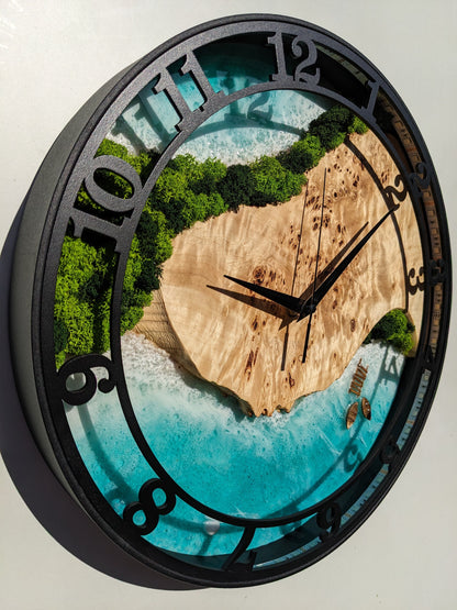 Neon LED Wall Clock: Moss Wood & Epoxy Resin, Silent Clock (14")
