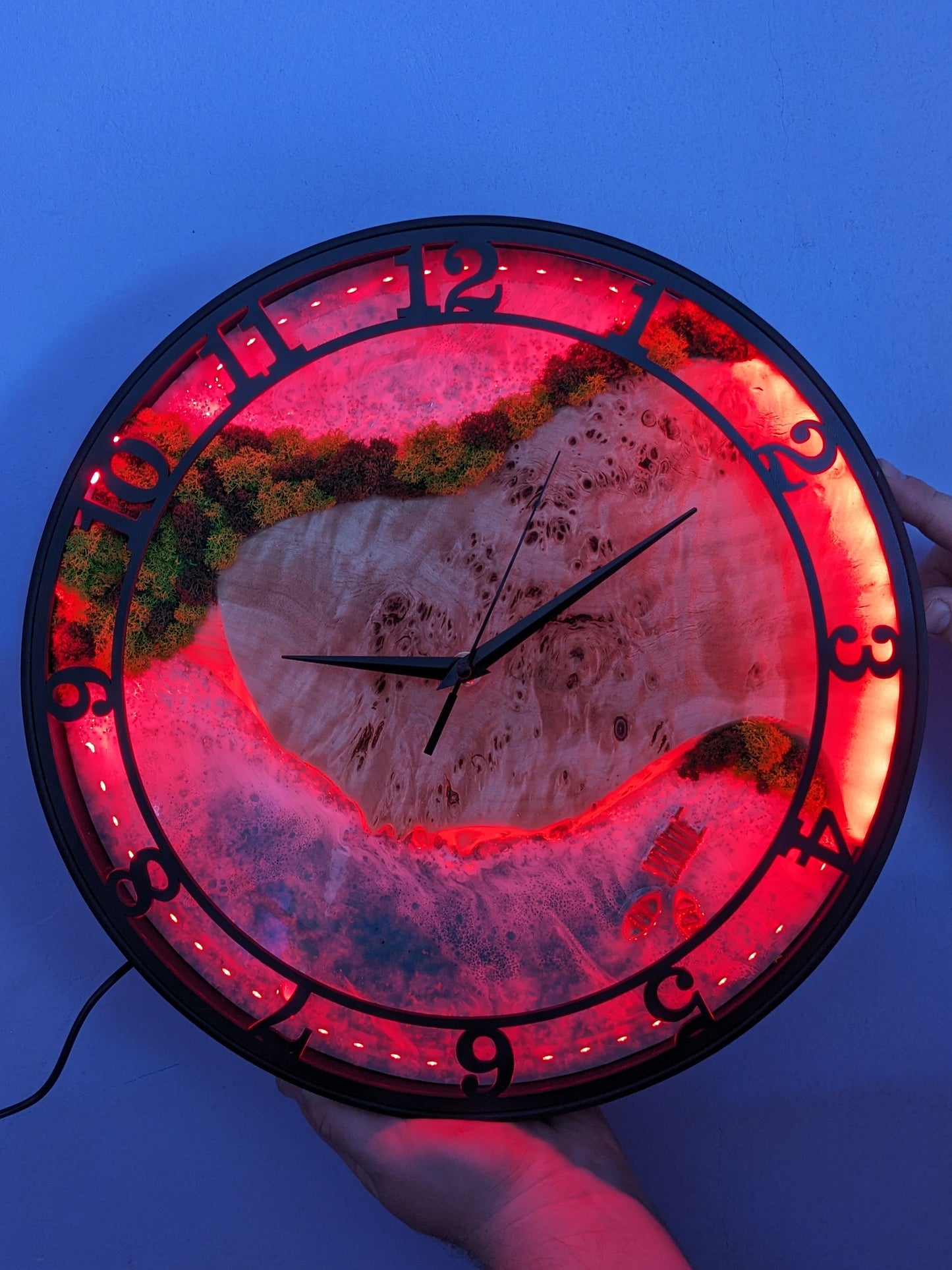 Neon LED Wall Clock: Moss Wood & Epoxy Resin, Silent Clock (14")