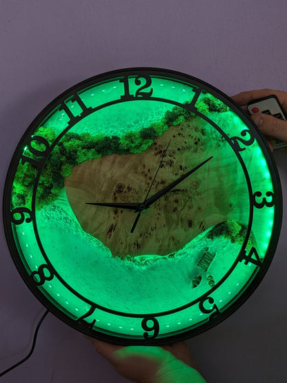 Neon LED Wall Clock: Moss Wood & Epoxy Resin, Silent Clock (14")