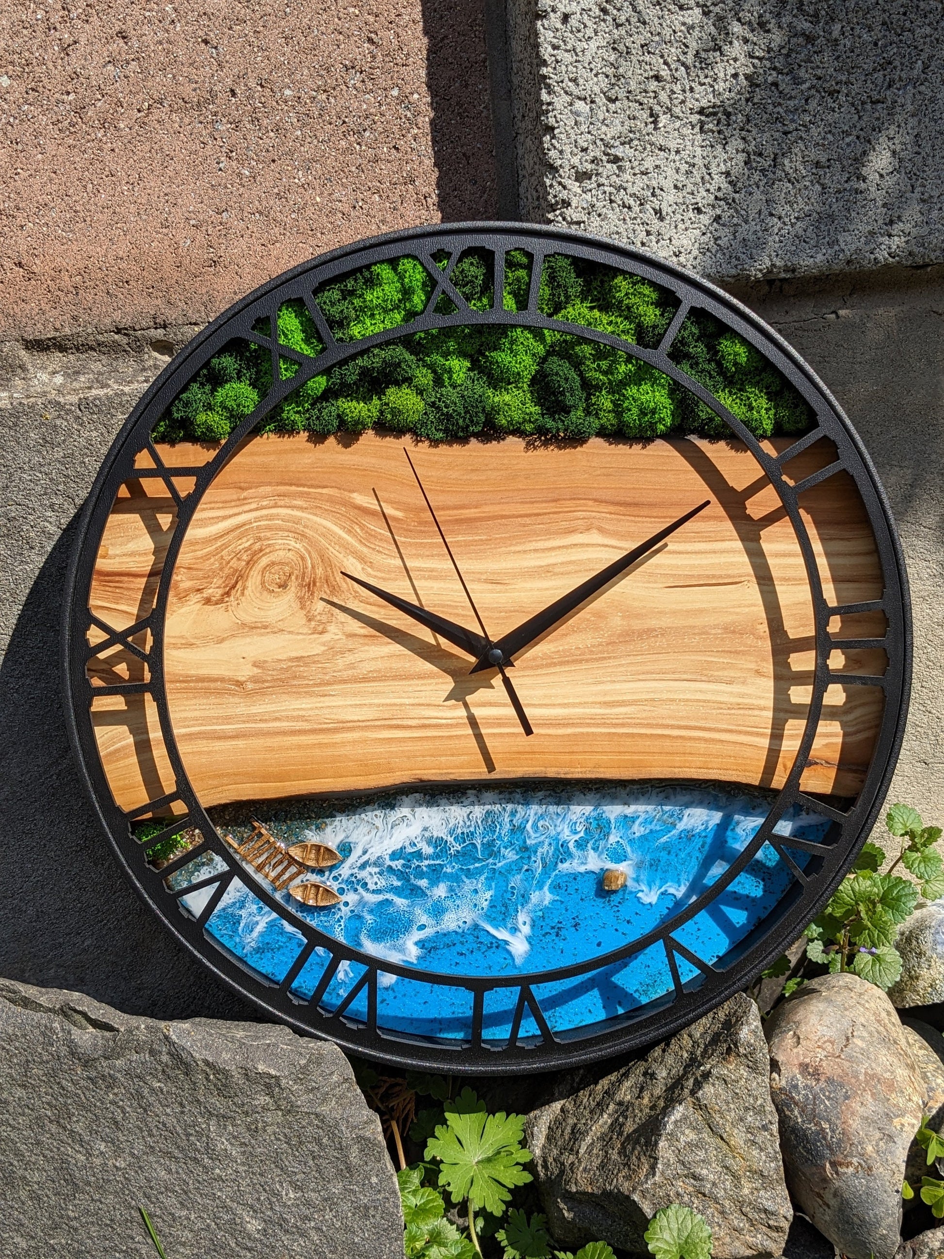 Moss & Epoxy Resin Wood Wall Clock: Scandinavian Home Decor