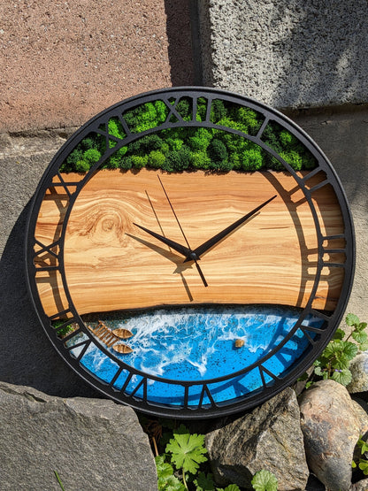 Moss & Epoxy Resin Wood Wall Clock: Scandinavian Home Decor