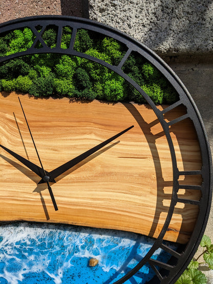 Moss & Epoxy Resin Wood Wall Clock: Scandinavian Home Decor