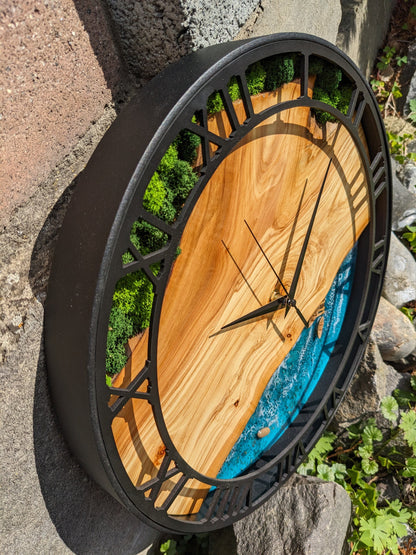 Wood Resin Wall Clock: Live Edge Moss & Ocean Art, Metal Frame