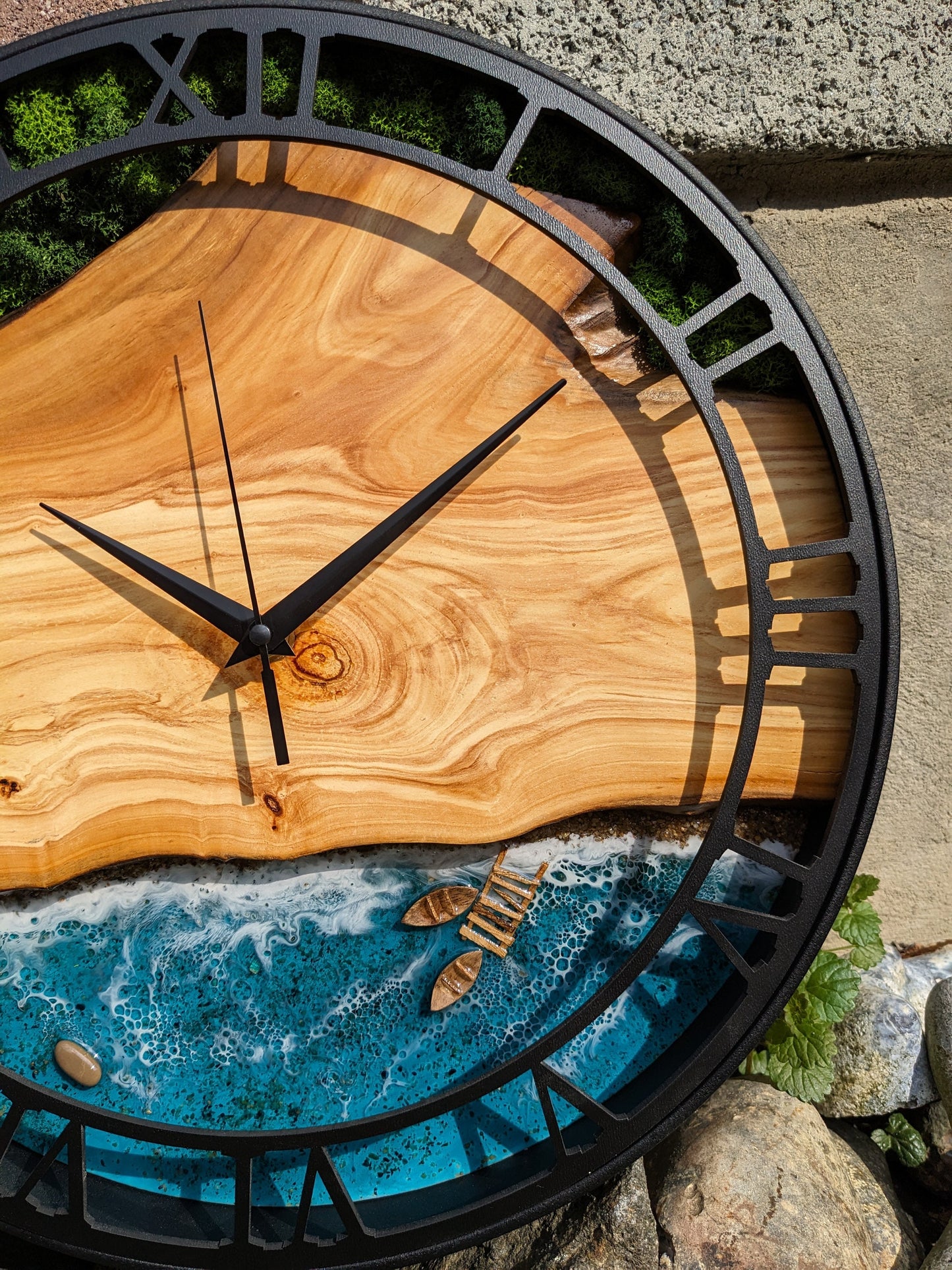 Wood Resin Wall Clock: Live Edge Moss & Ocean Art, Metal Frame