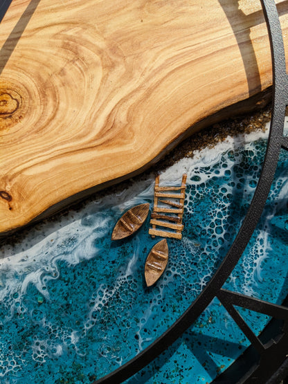 Wood Resin Wall Clock: Live Edge Moss & Ocean Art, Metal Frame