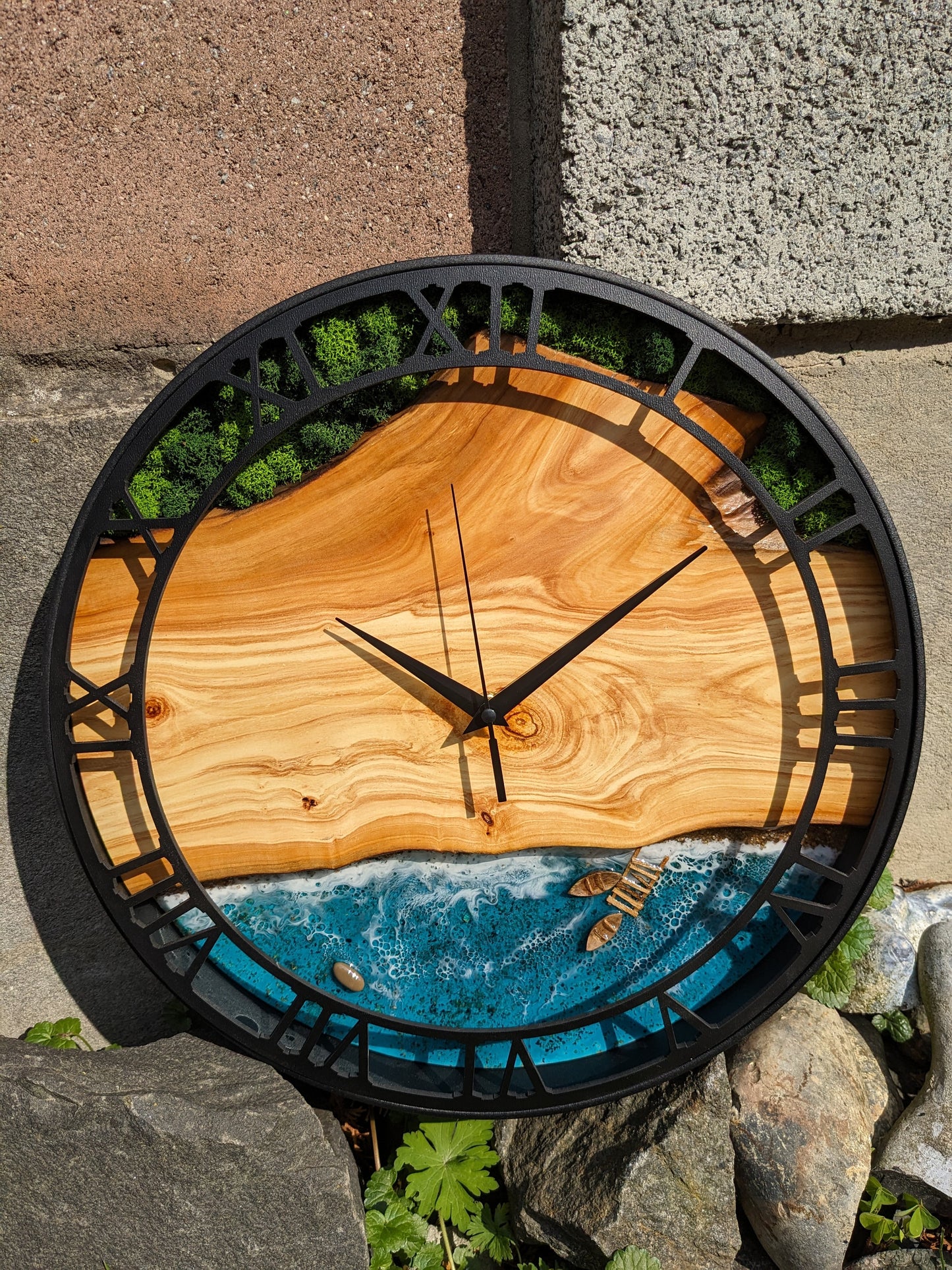 Wood Resin Wall Clock: Live Edge Moss & Ocean Art, Metal Frame