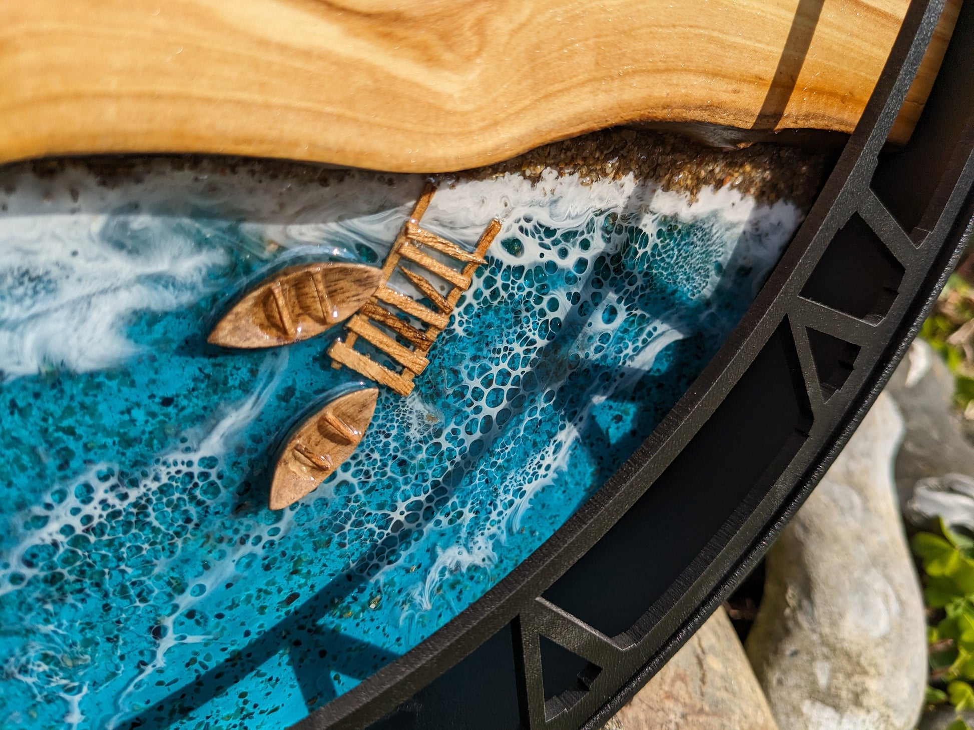 Wood Resin Wall Clock: Live Edge Moss & Ocean Art, Metal Frame