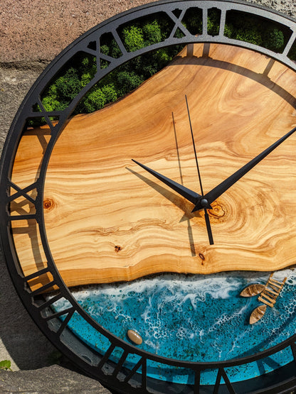 Wood Resin Wall Clock: Live Edge Moss & Ocean Art, Metal Frame