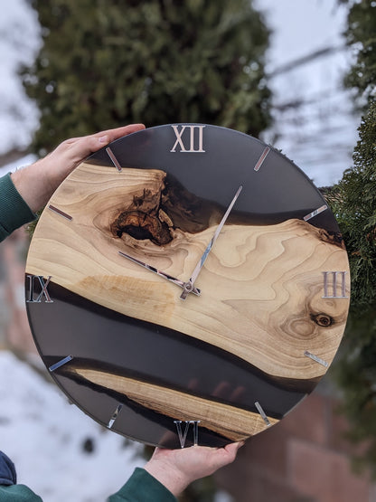 Handmade Walnut Wood Wall Clock with Black Resin & Acrylic Numbers