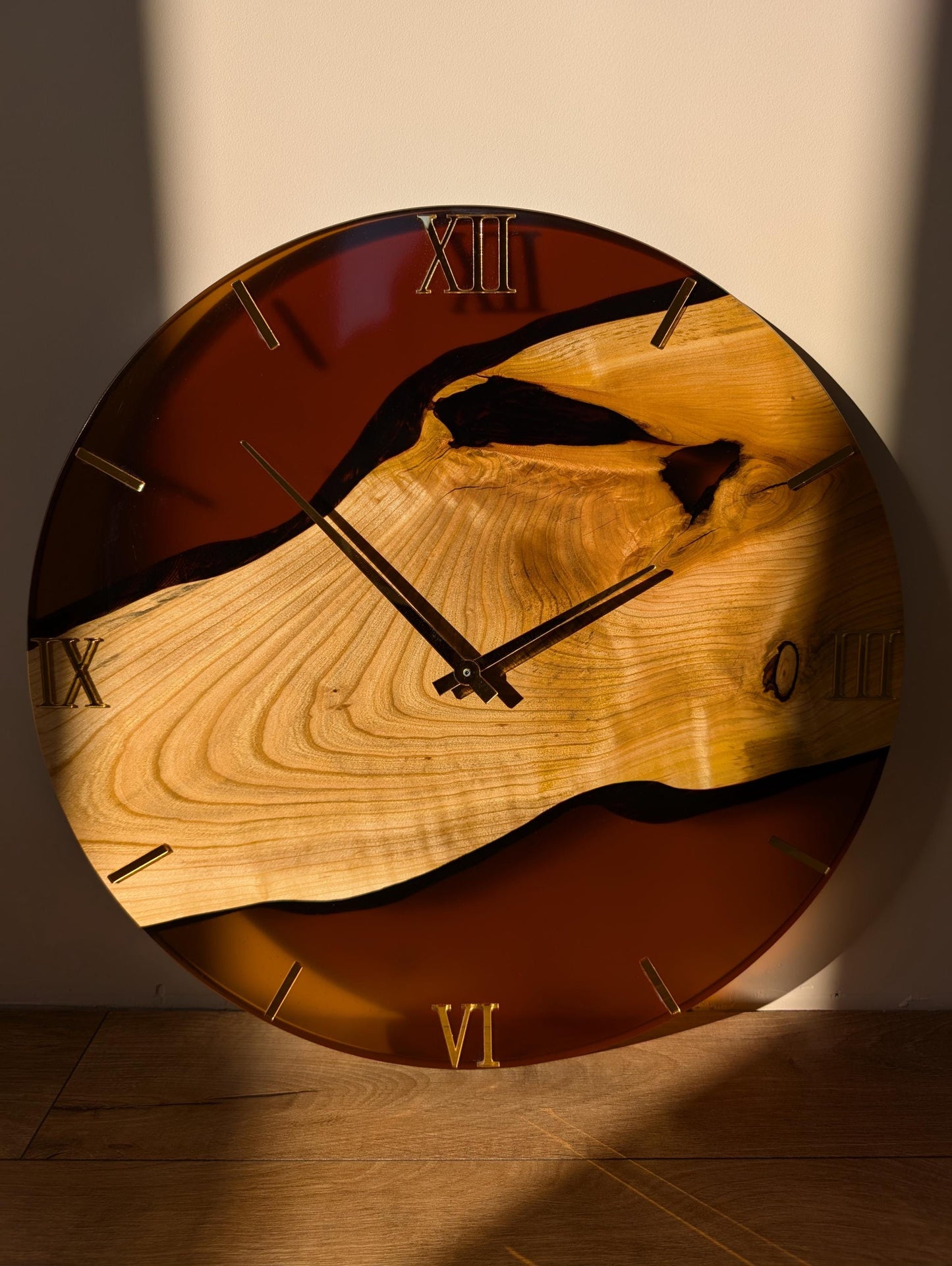 Handcrafted Brown Epoxy Resin Wood Wall Clock: Rustic Modern Decor