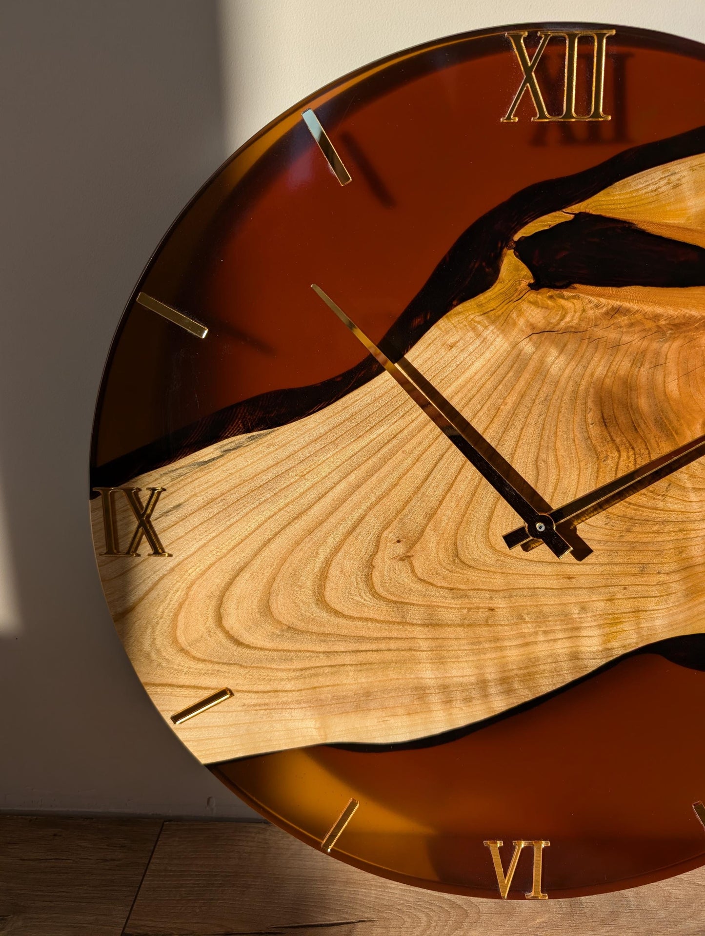 Handcrafted Brown Epoxy Resin Wood Wall Clock: Rustic Modern Decor