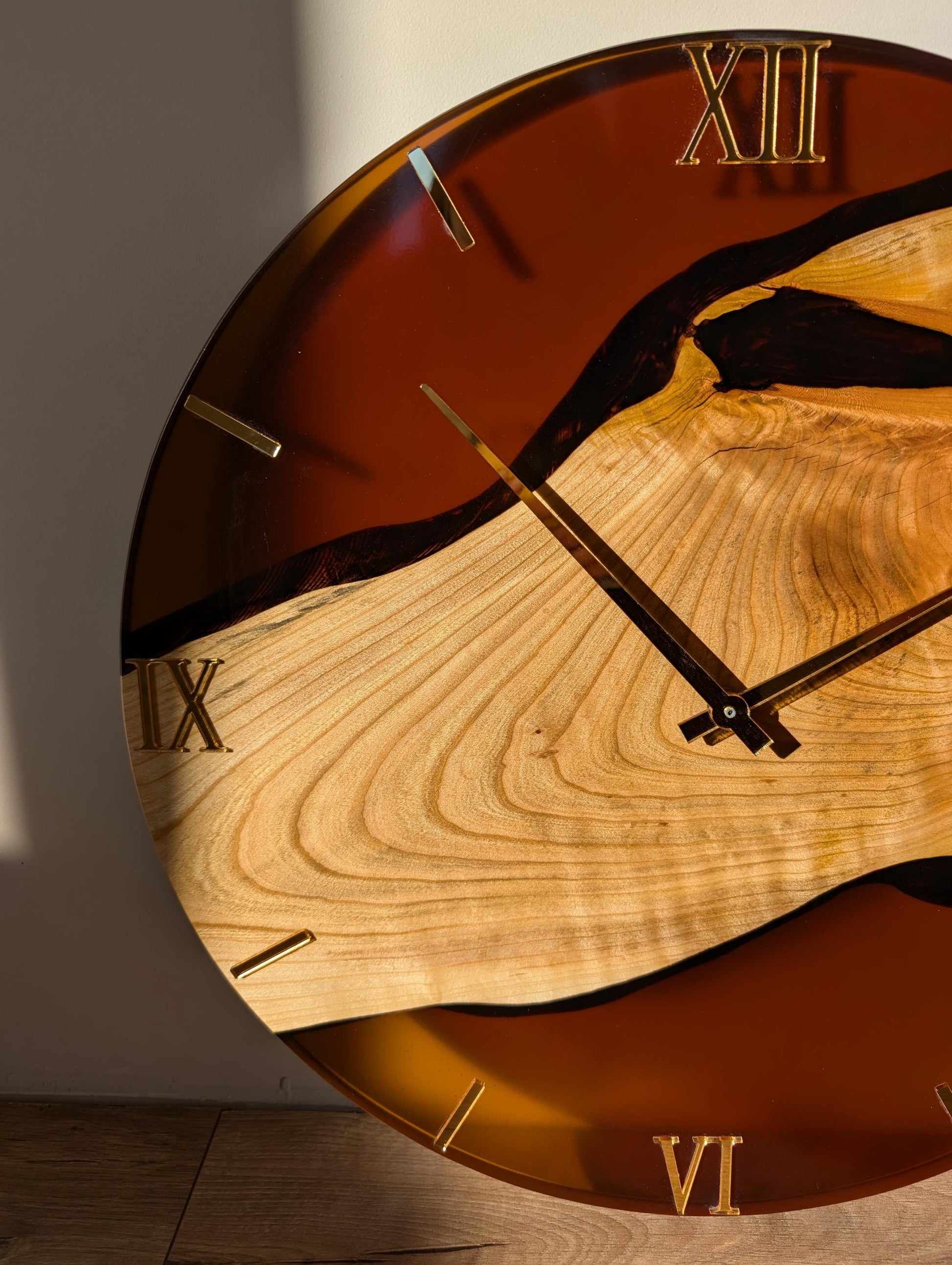 Handcrafted Brown Epoxy Resin Wood Wall Clock: Rustic Modern Decor