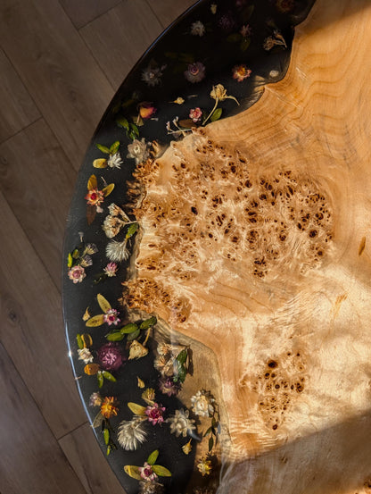 Floral Black Resin Coffee Table: Round Live Edge Epoxy Wood Table