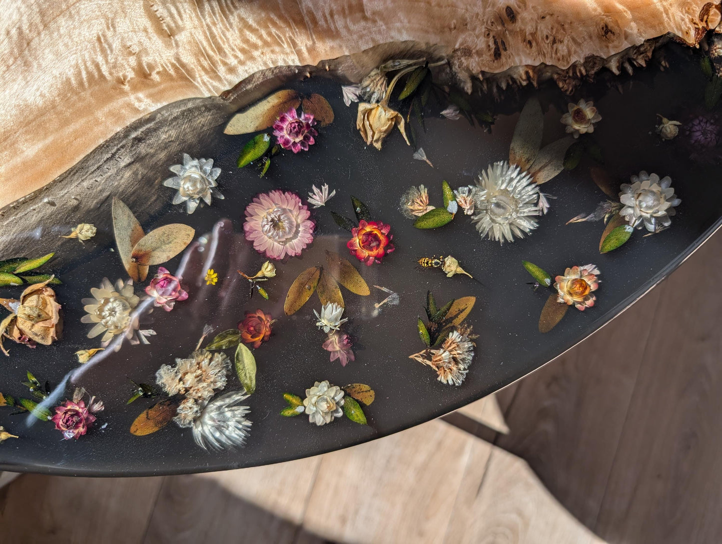Floral Black Resin Coffee Table: Round Live Edge Epoxy Wood Table