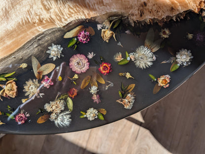 Floral Black Resin Coffee Table: Round Live Edge Epoxy Wood Table