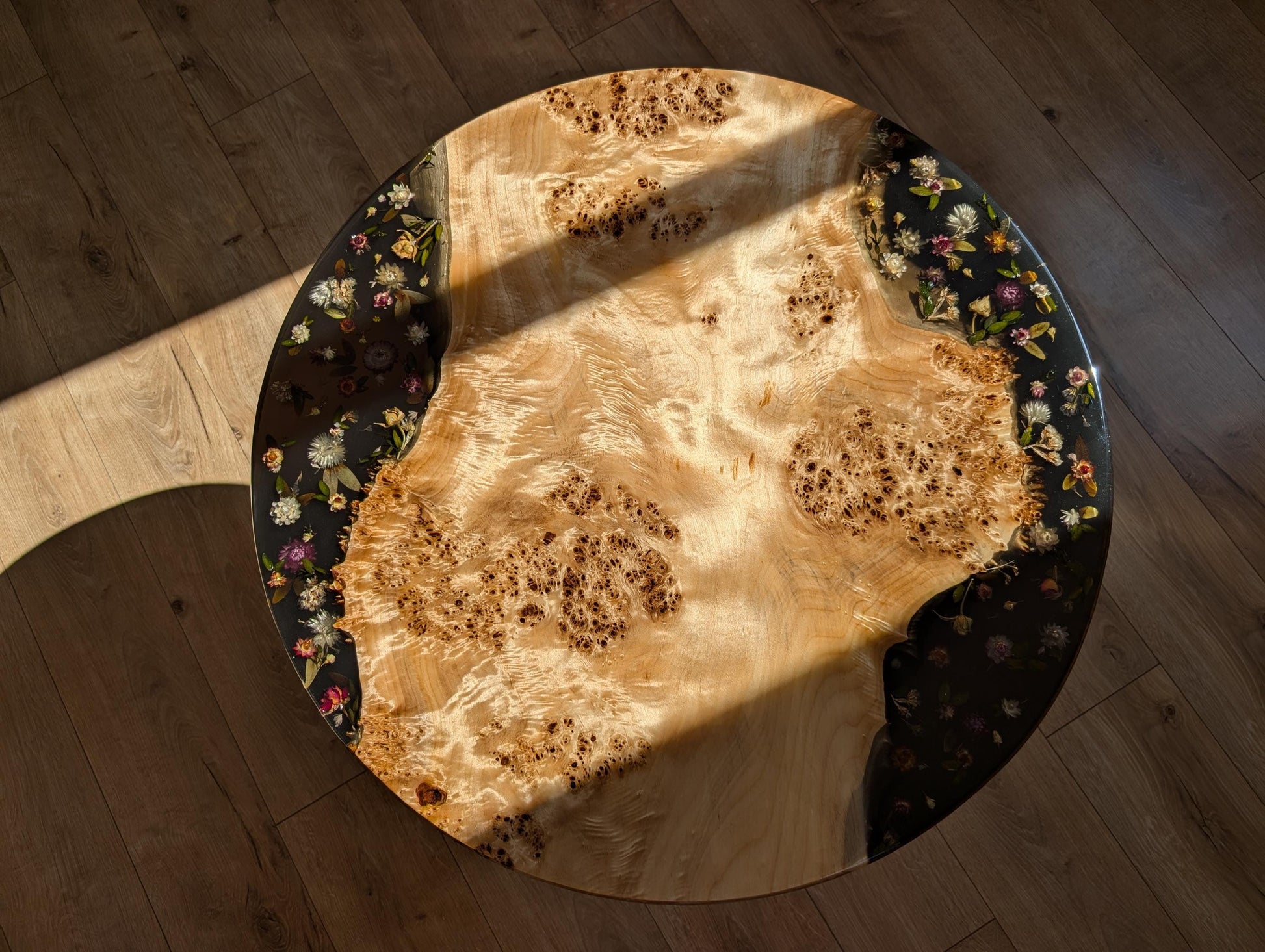 Floral Black Resin Coffee Table: Round Live Edge Epoxy Wood Table