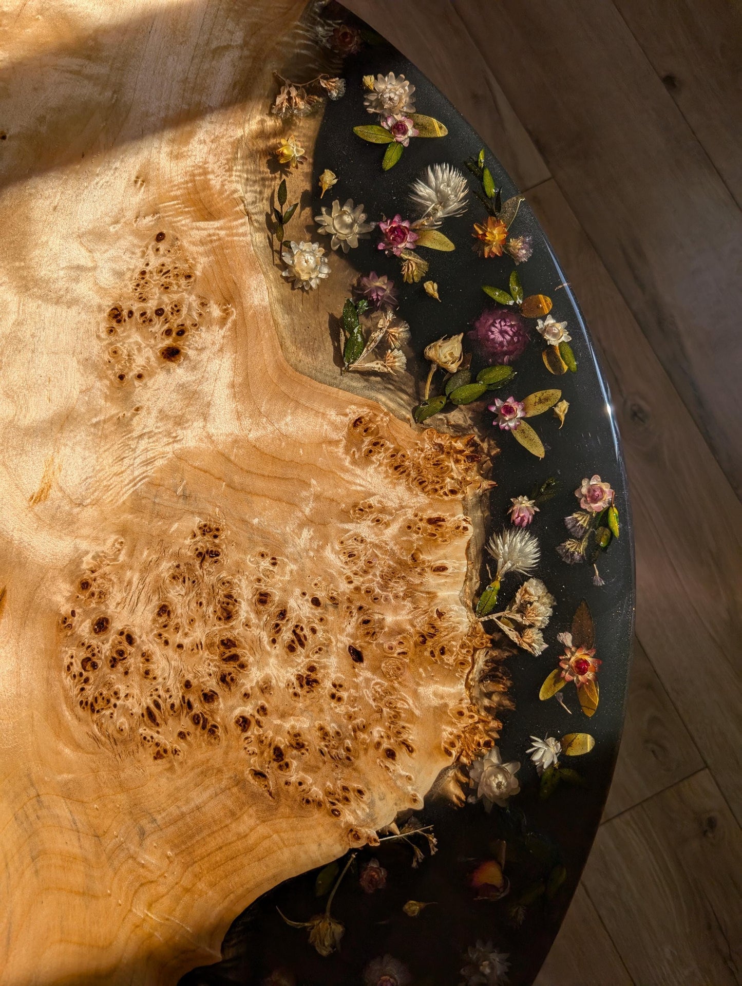 Floral Black Resin Coffee Table: Round Live Edge Epoxy Wood Table
