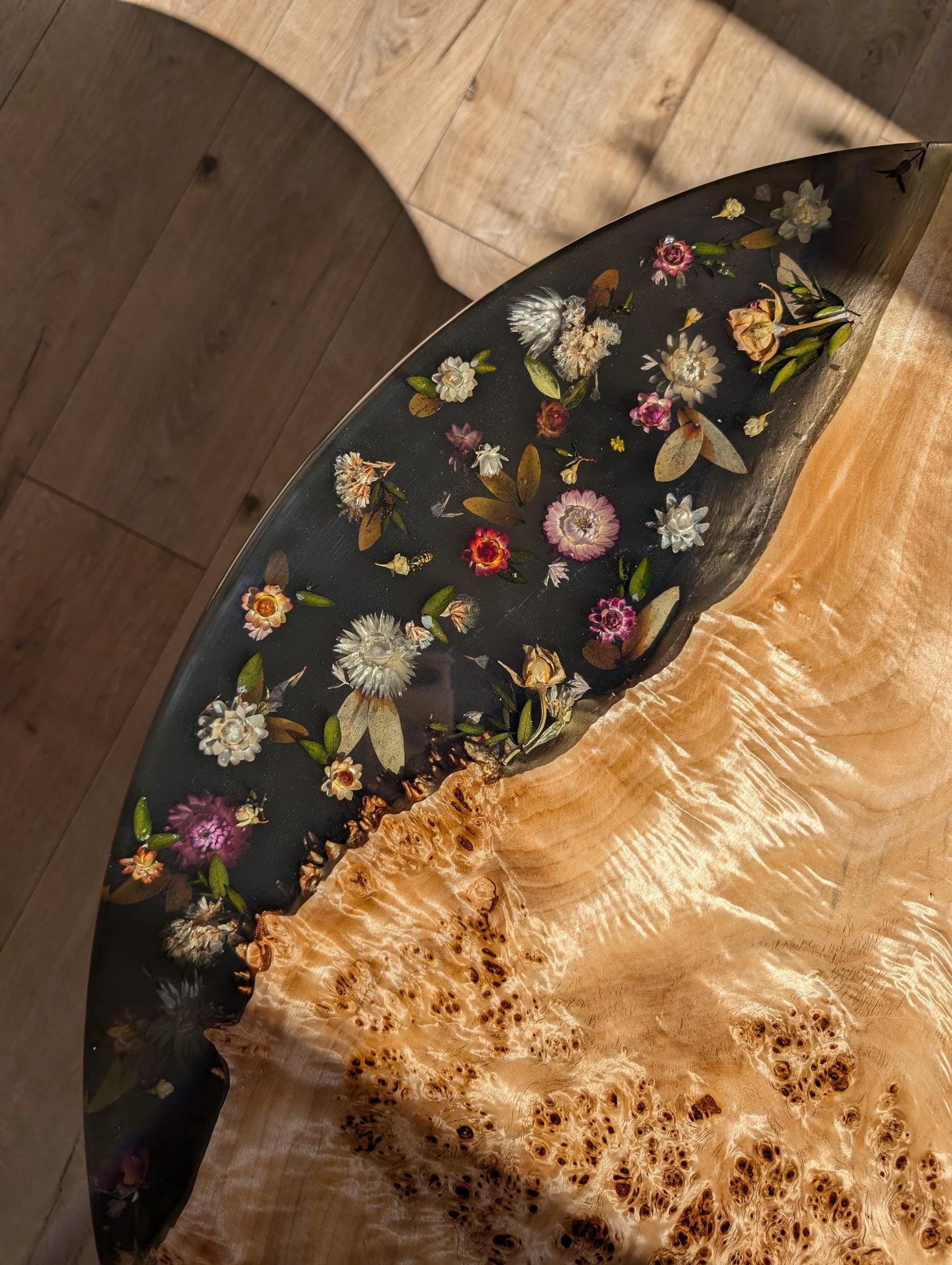 Floral Black Resin Coffee Table: Round Live Edge Epoxy Wood Table