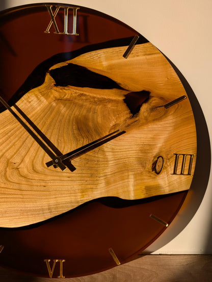 Handcrafted Brown Epoxy Resin Wood Wall Clock: Rustic Modern Decor