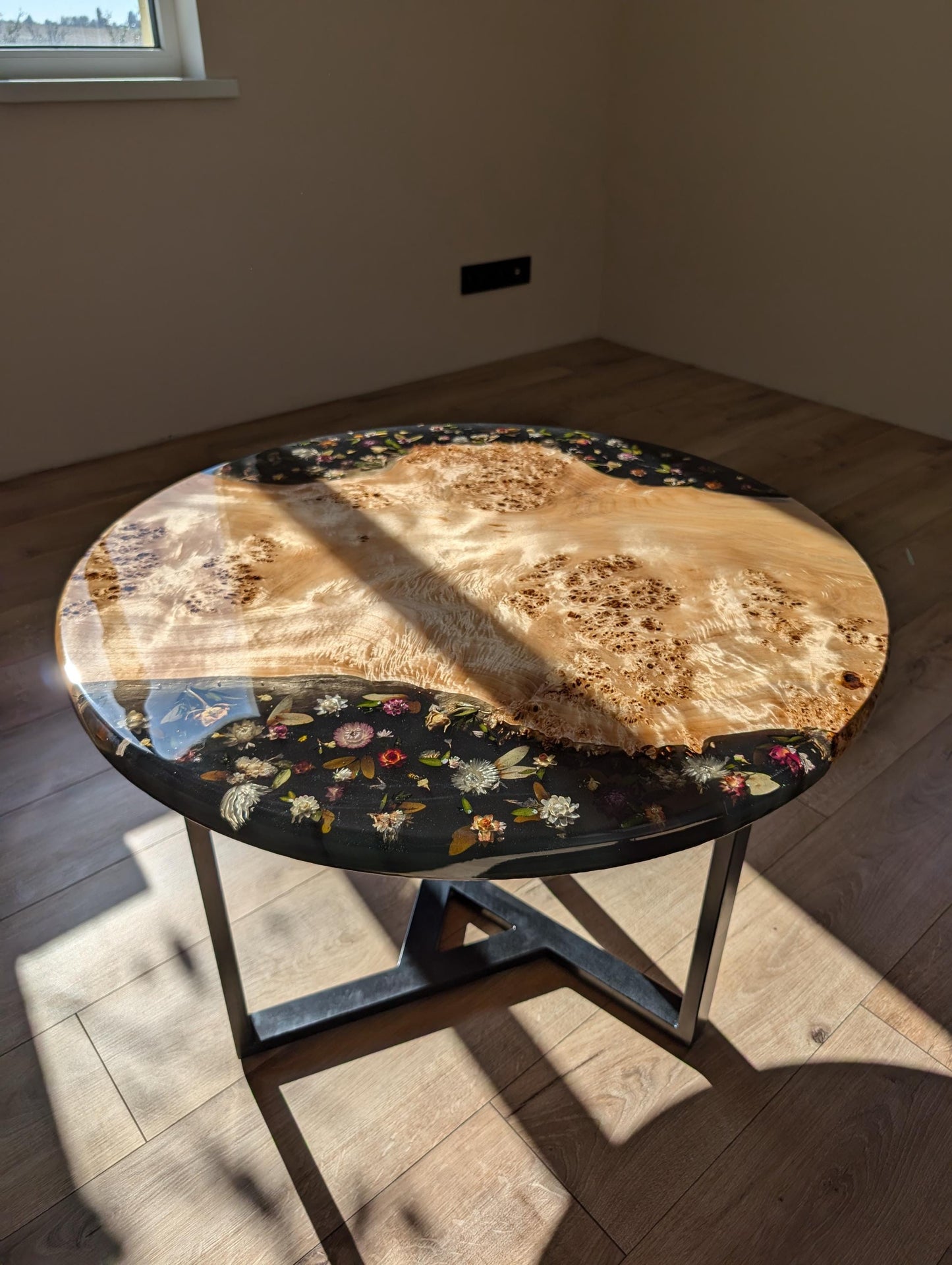 Floral Black Resin Coffee Table: Round Live Edge Epoxy Wood Table