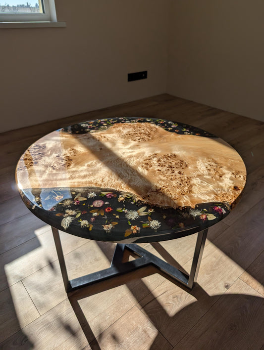 Floral Black Resin Coffee Table: Round Live Edge Epoxy Wood Table