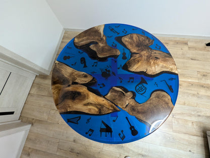 Round Walnut Coffee Table: Live Edge Epoxy Music Decor, Handmade