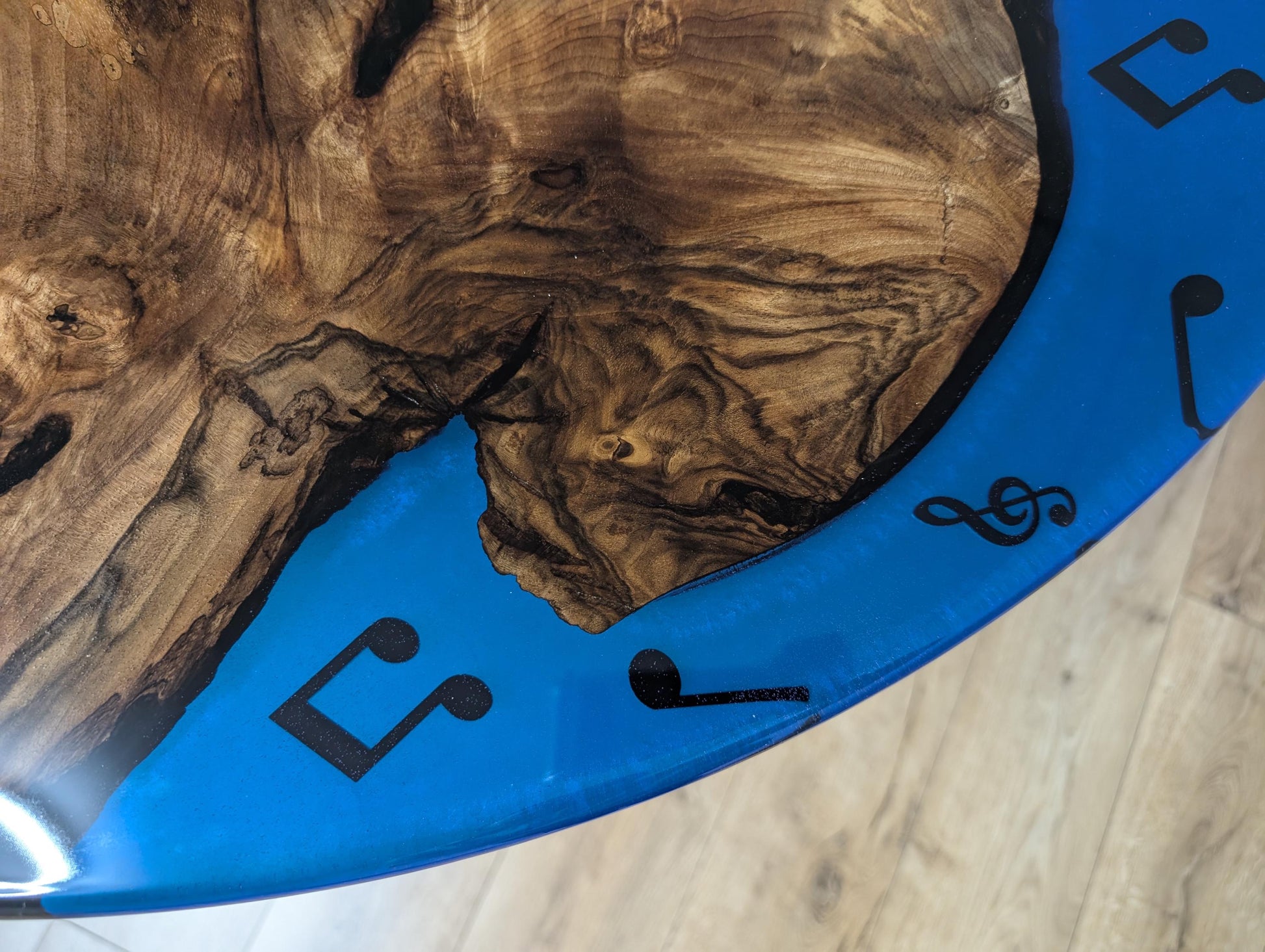 Round Walnut Coffee Table: Live Edge Epoxy Music Decor, Handmade