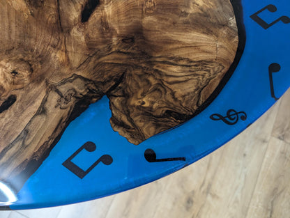 Round Walnut Coffee Table: Live Edge Epoxy Music Decor, Handmade
