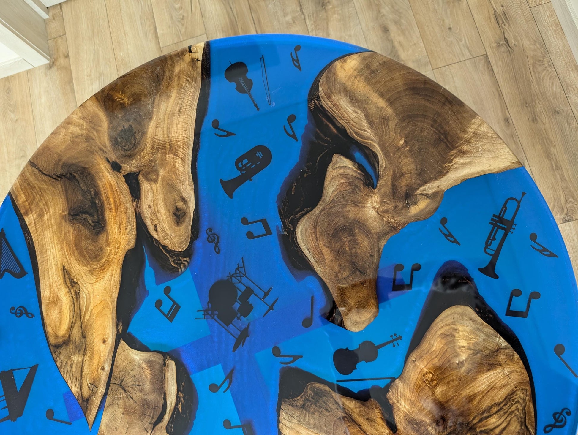 Round Walnut Coffee Table: Live Edge Epoxy Music Decor, Handmade
