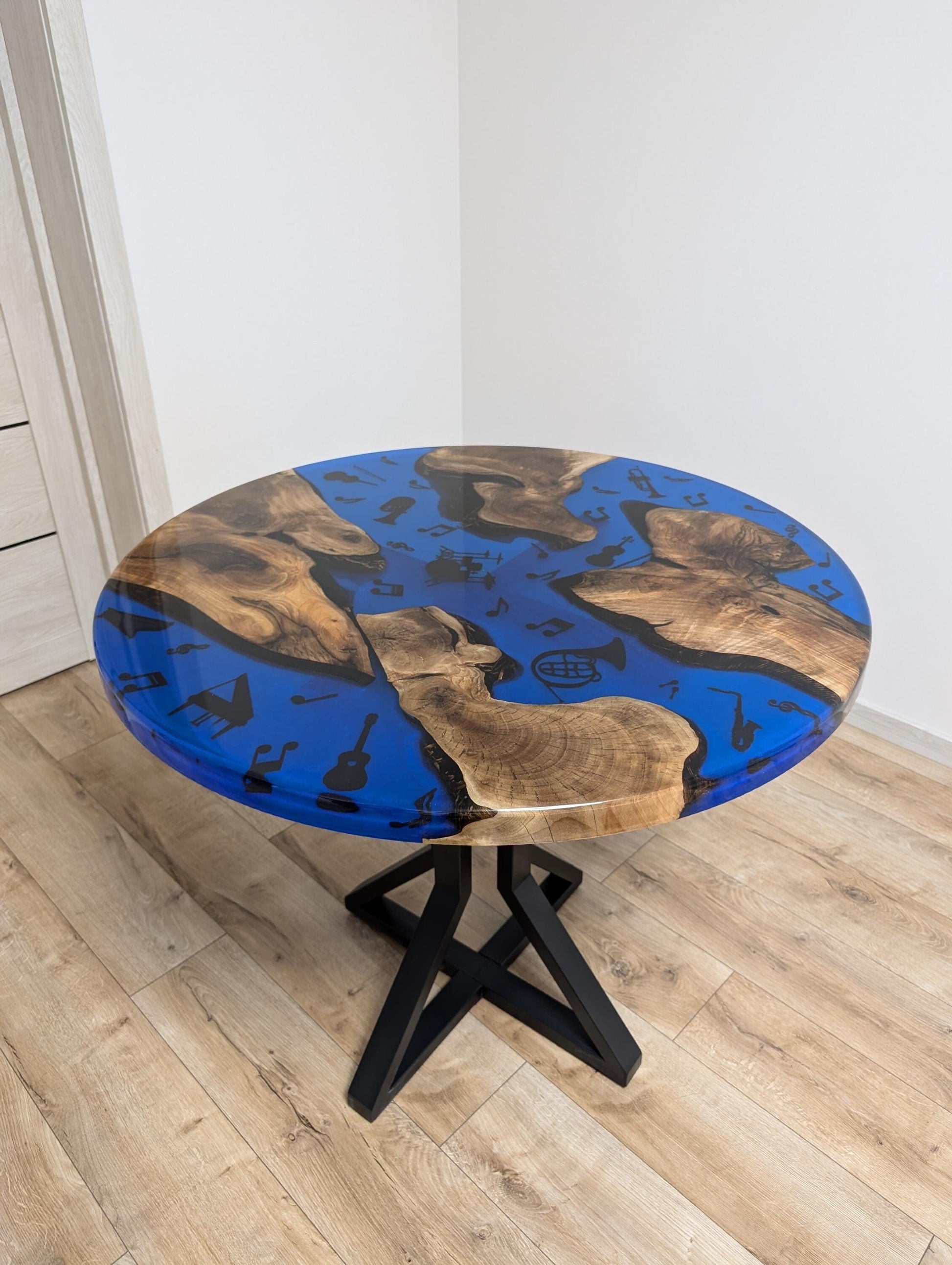 Round Walnut Coffee Table: Live Edge Epoxy Music Decor, Handmade