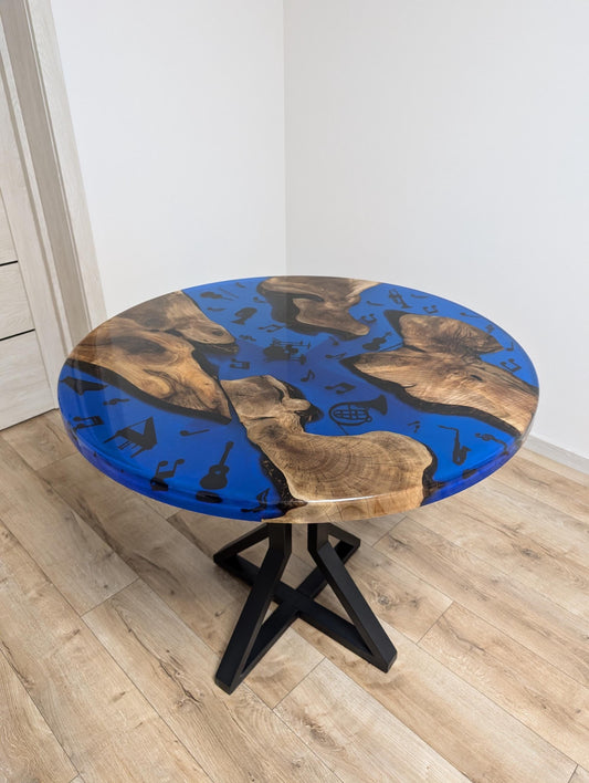 Round Walnut Coffee Table: Live Edge Epoxy Music Decor, Handmade