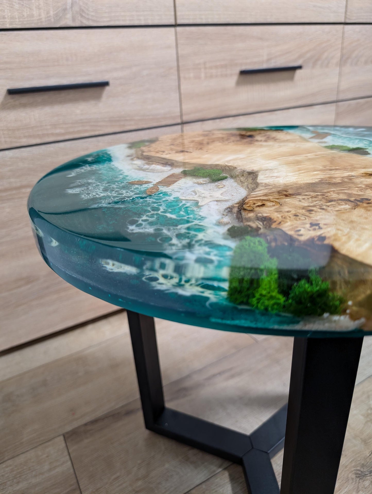 Ocean Resin Wood Side Table: Round Epoxy Coffee Table with Moss Art