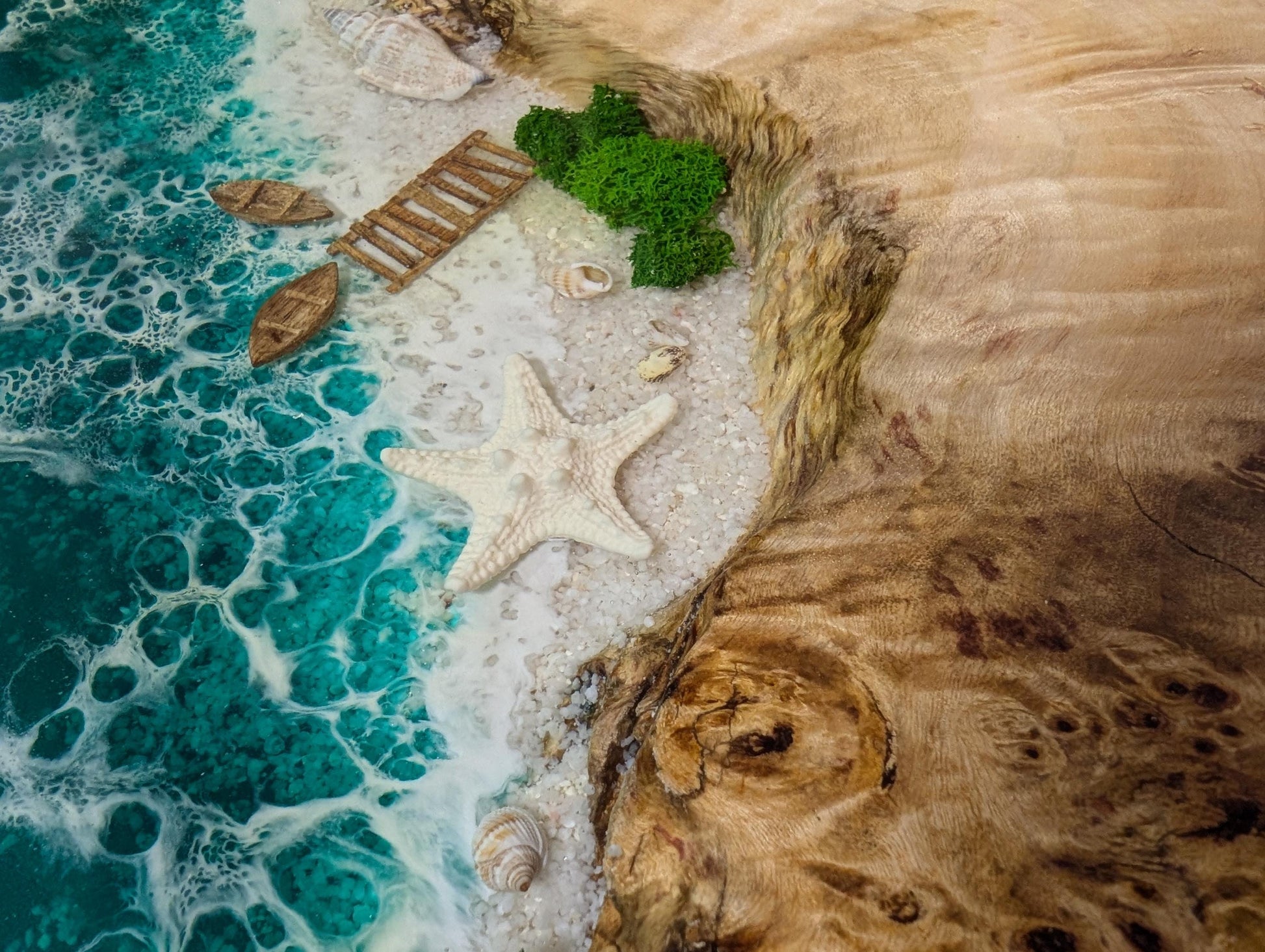 Ocean Resin Wood Side Table: Round Epoxy Coffee Table with Moss Art