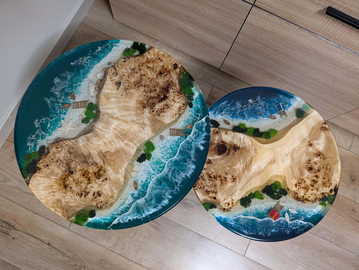 Ocean Resin Wood Side Table: Round Epoxy Coffee Table with Moss Art
